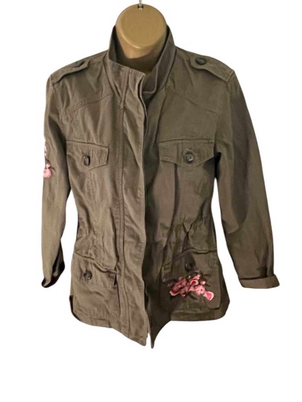 Mi Ami Utility Jacket Military Cargo Drawstring Embroidered Floral Olive Green S